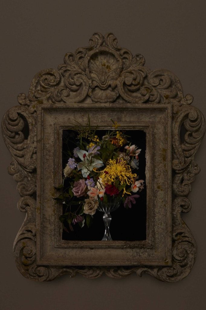 Debeaulieu flower design in baroque frame — dark romantic bouquet with painterly tones
