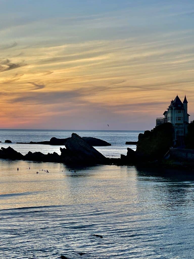 Sunset at Rocher de la Vierge, iconic viewpoint in Biarritz