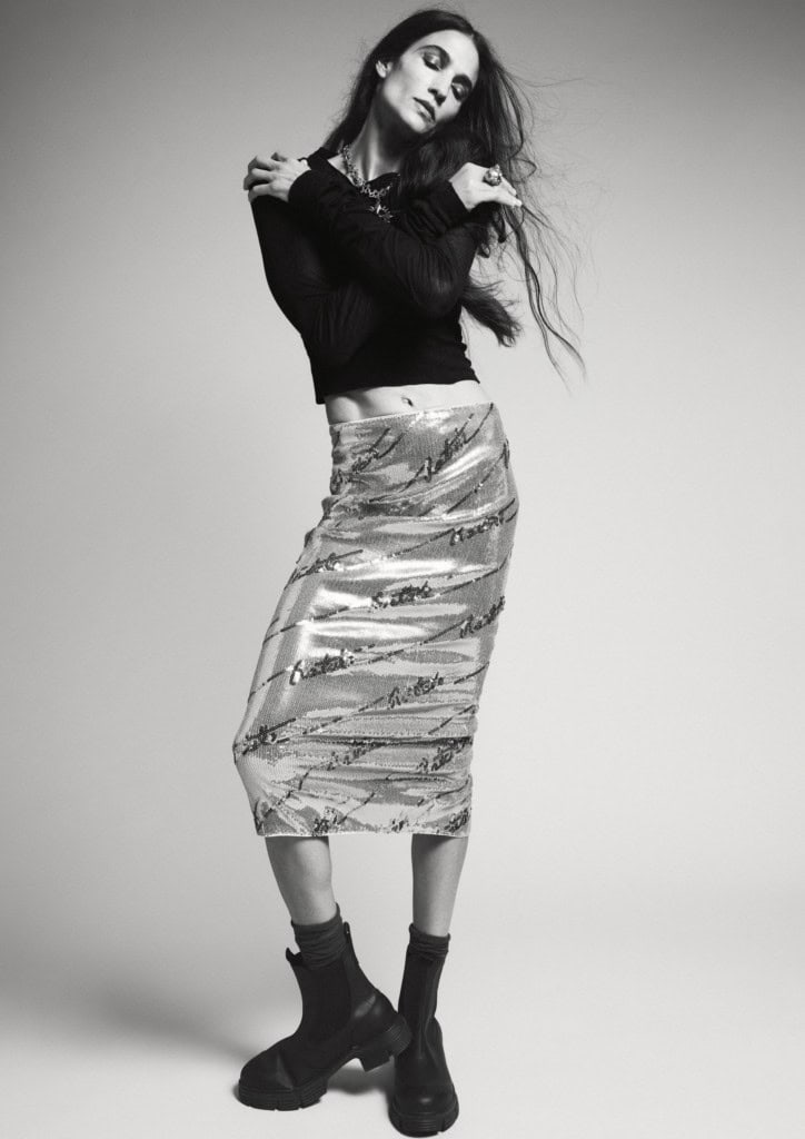 Shirt: Rick Owens Skirt: Rotate Birger Christensen Shoe: Toteme Necklace: Kenneth Jay Lane Ring: Gucci Boot: Toteme