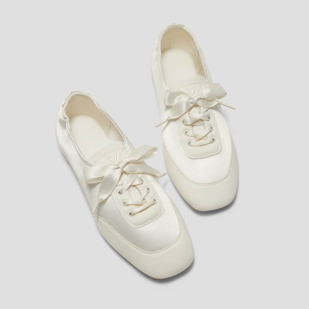VIVAIA Sneakerina Cristina in satin with square toe and laces, shown in ivory and light blue colorways.