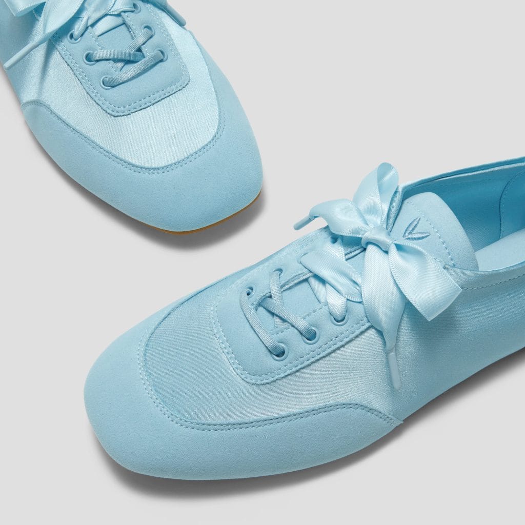 VIVAIA Sneakerina Cristina in satin with square toe and laces, light blue colorway, FW25 collection.