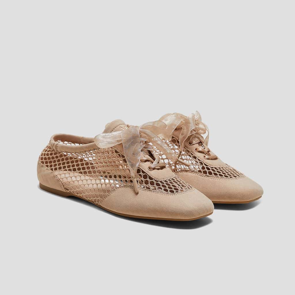 VIVAIA Sneakerina Cristina in satin with square toe and laces, shown in beige mesh and deep red satin.