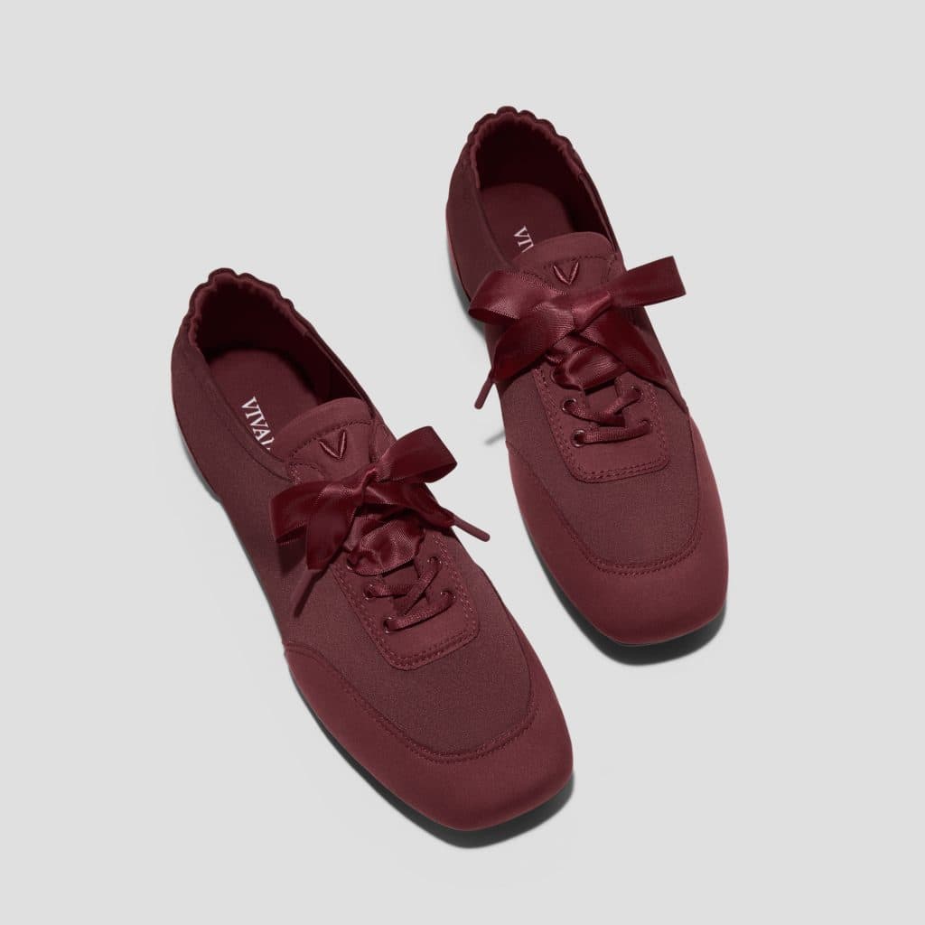 VIVAIA Sneakerina Cristina in satin with square toe and laces, available in beige mesh and deep red satin.