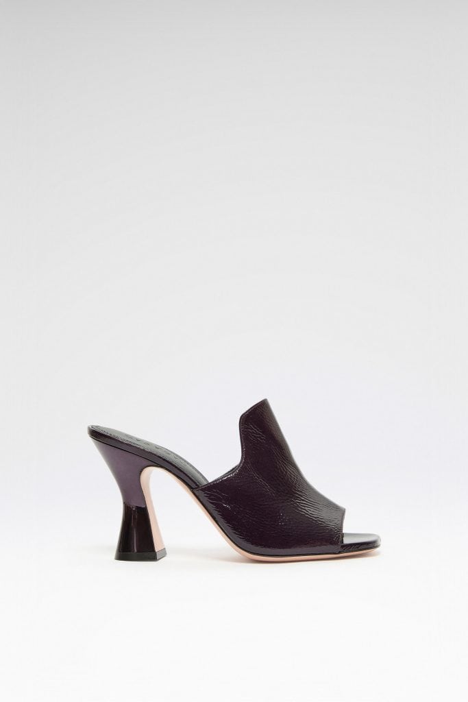 Velvet peep-toe slide in deep plum  by Jean-Michel Cazabat