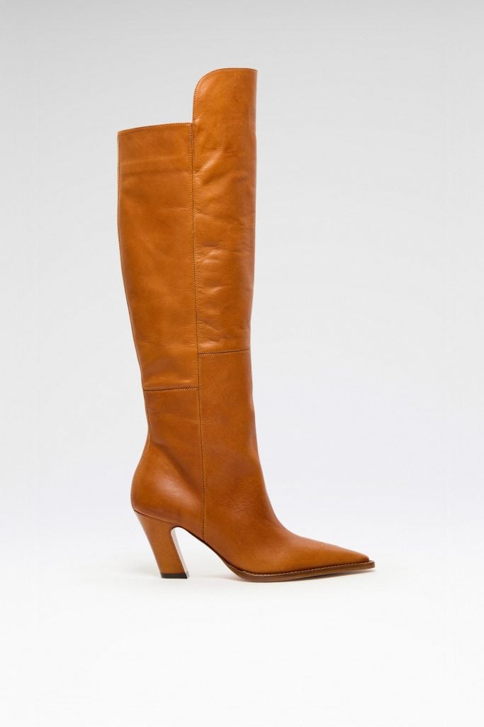 Sleek cognac leather knee boot with pointed toe from CAZABAT 