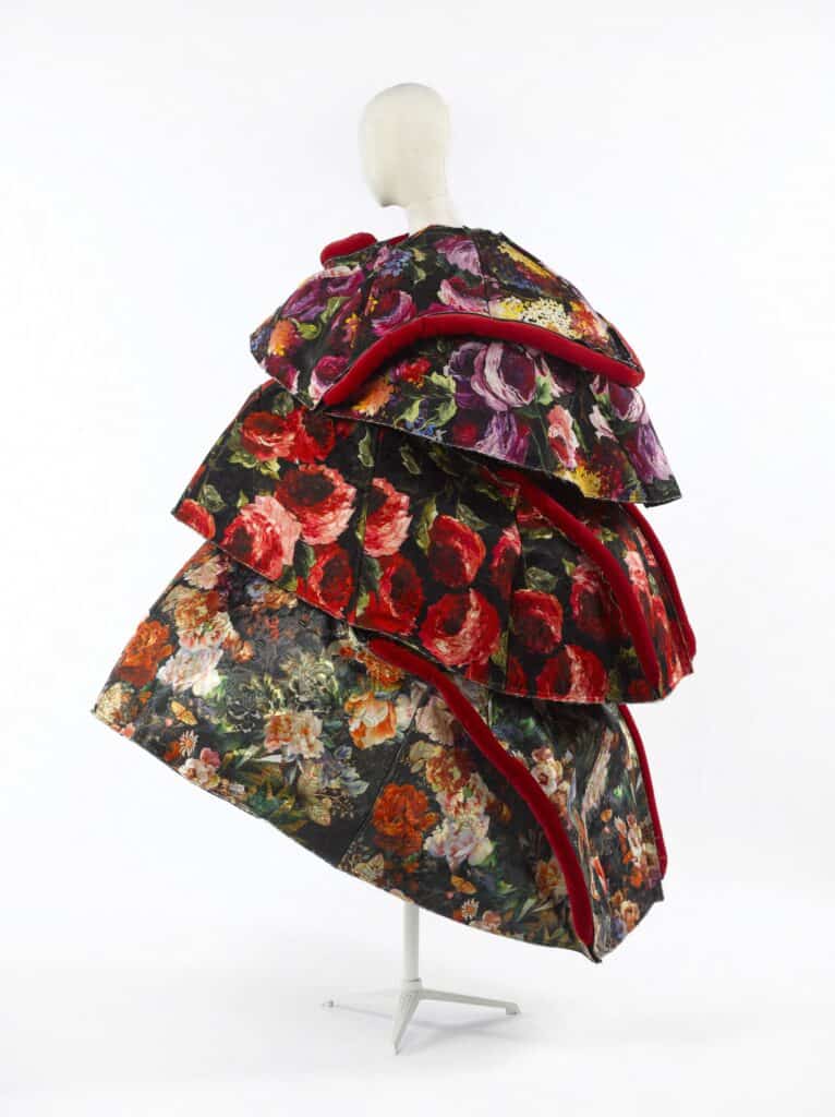 Artistic floral dress from the Tisser, Broder, Sublimer exhibition at Palais Galliera.