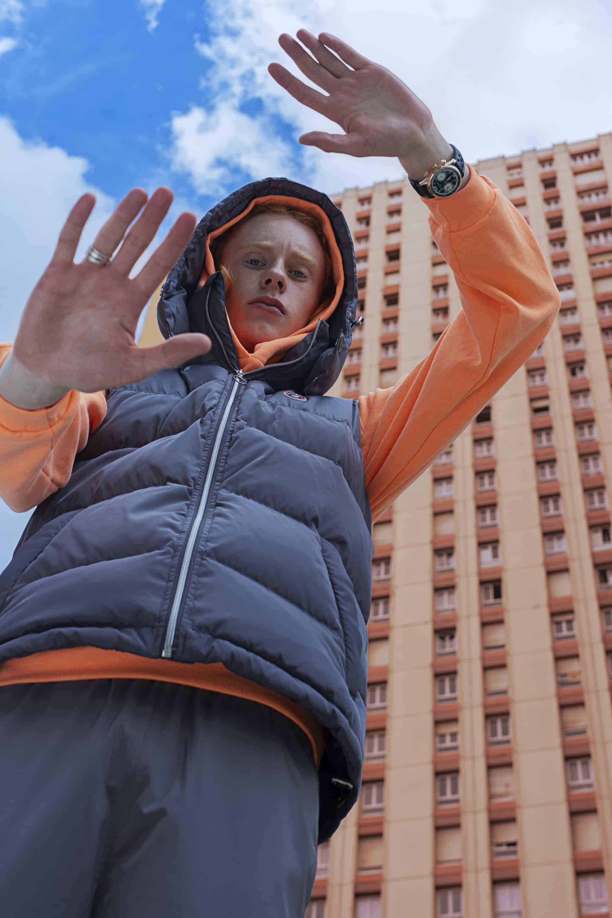 Watch FREDERIQUE CONSTANT, Grey jogging pants, neon orange sweatshirt & grey puffy sleeveless jacket with hood SWEET PANTS.