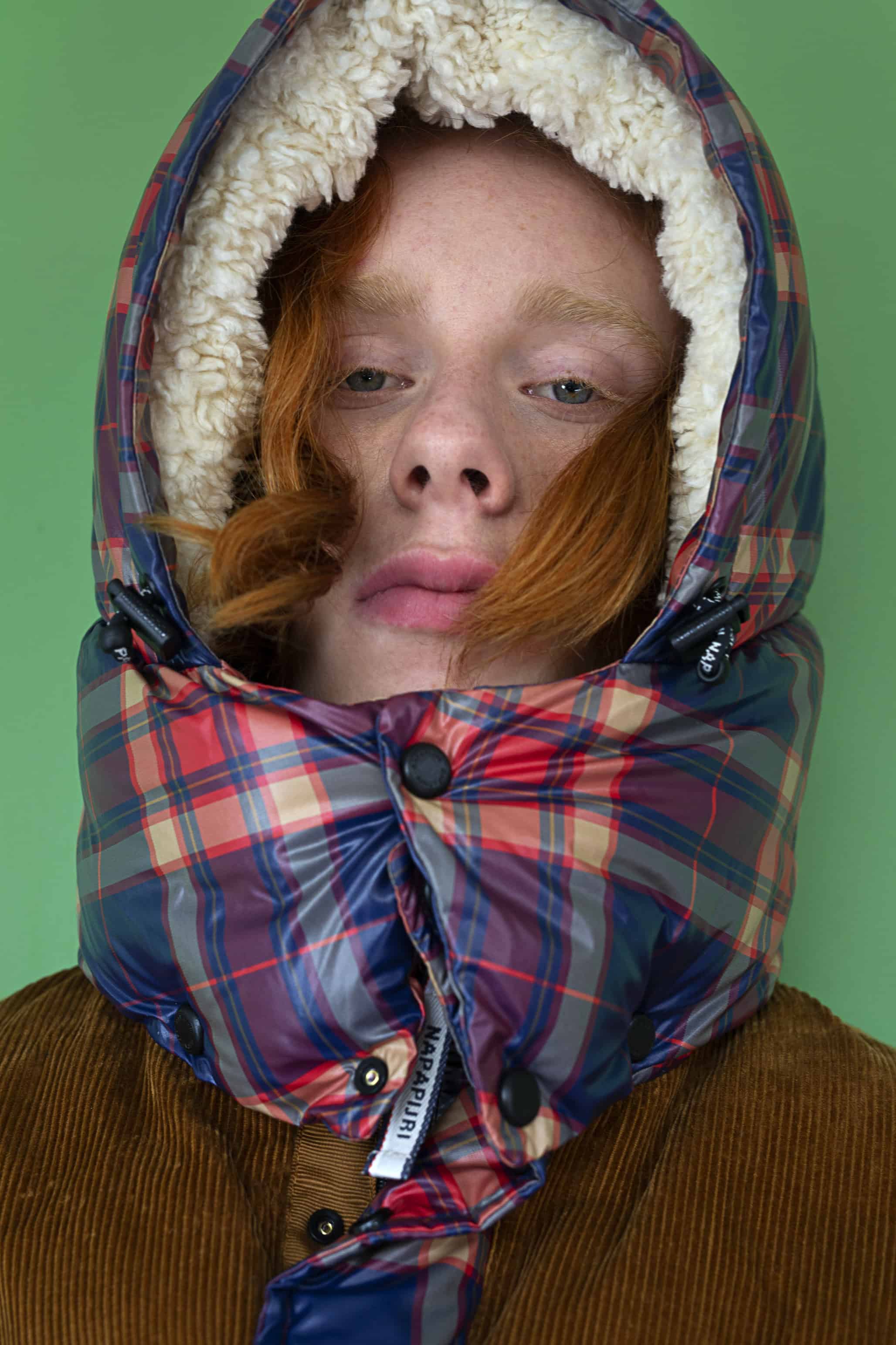 Red & blue plaid puffy jacket with hoodie NAPAPIJRI.