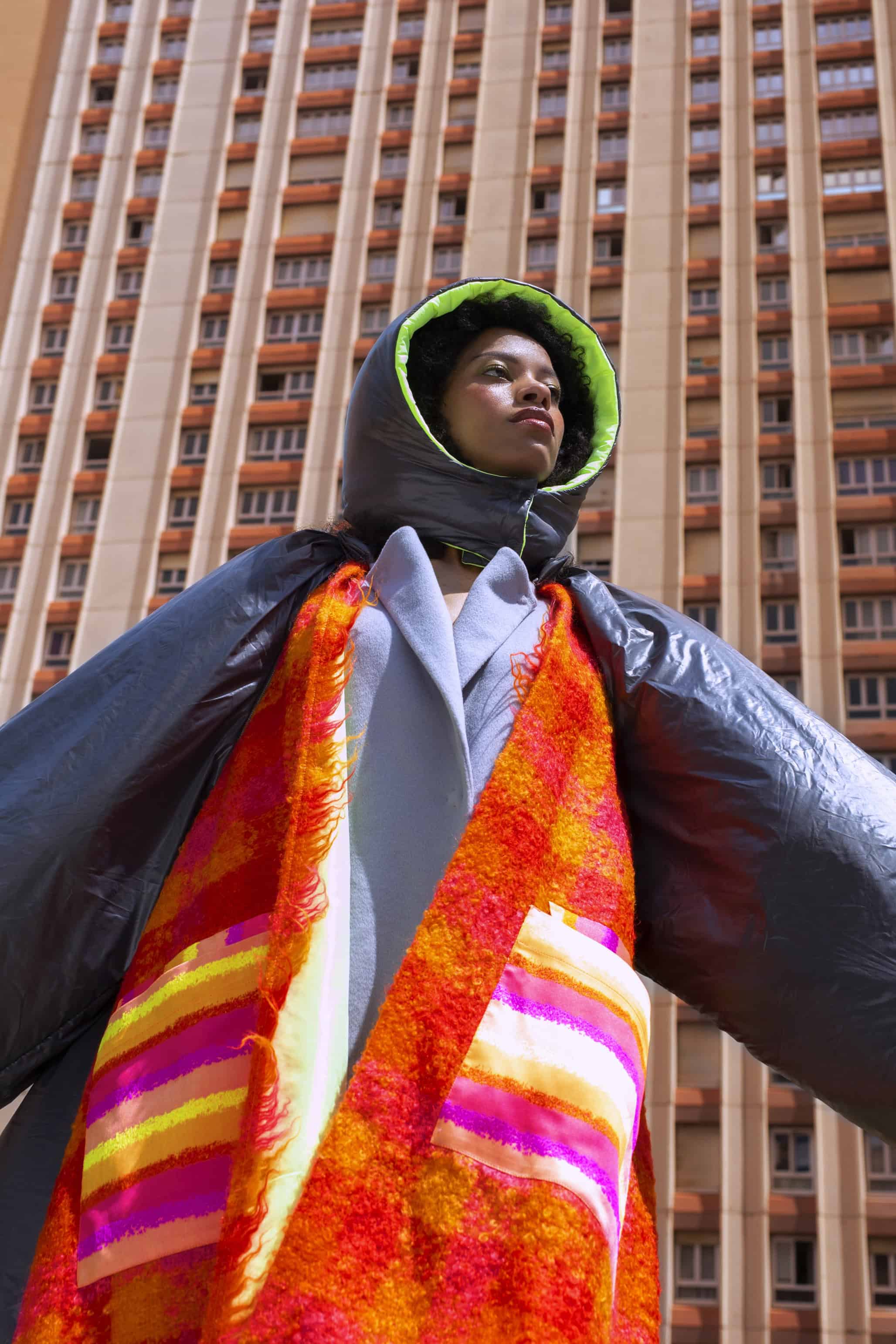 Grey large coat with orange scarf and neon interior VICTORIA ANDREYANOVA.