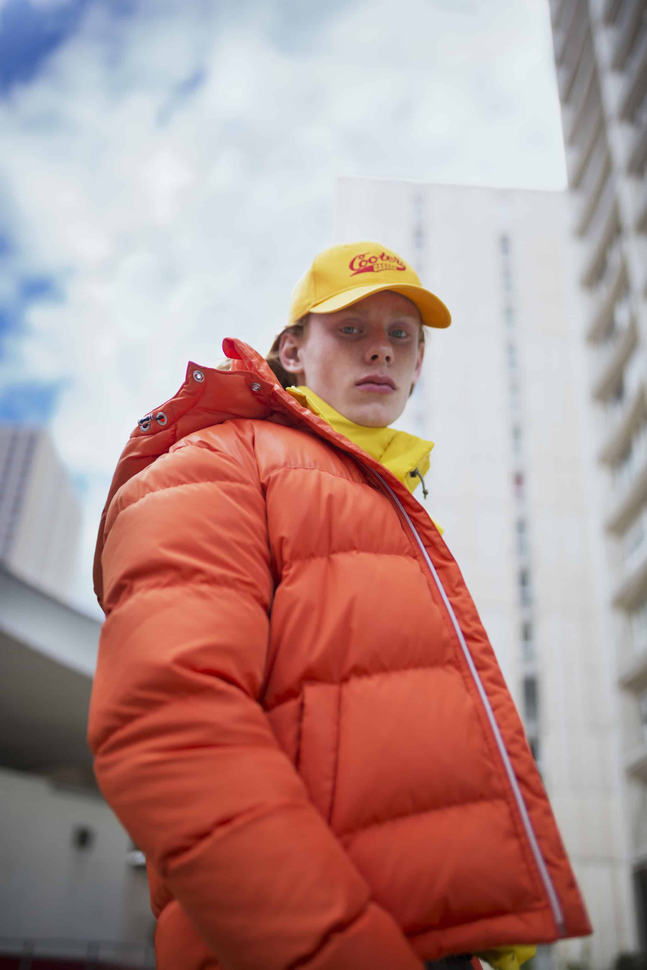 Orange puffy jacket SWEET PANTS, bright yellow puffy jacket LEE.