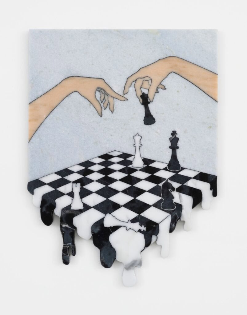 Artistic chess illustration with hands moving a pawn, displayed at a chess exhibition.