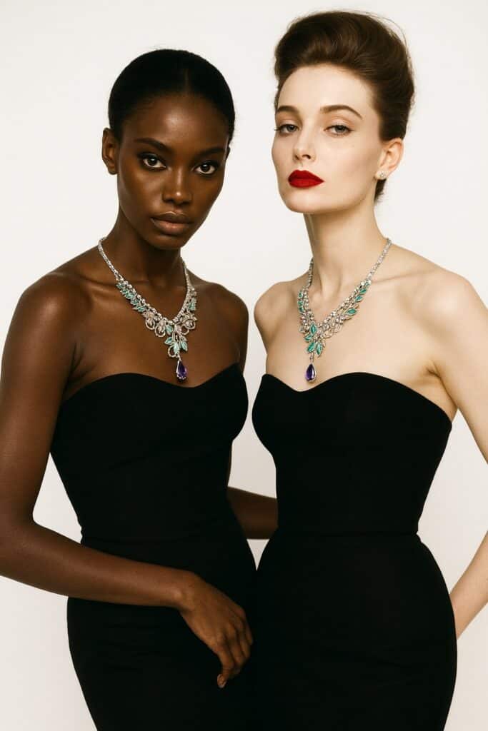 Two Models wearing Brilliantcrypto jewelry.