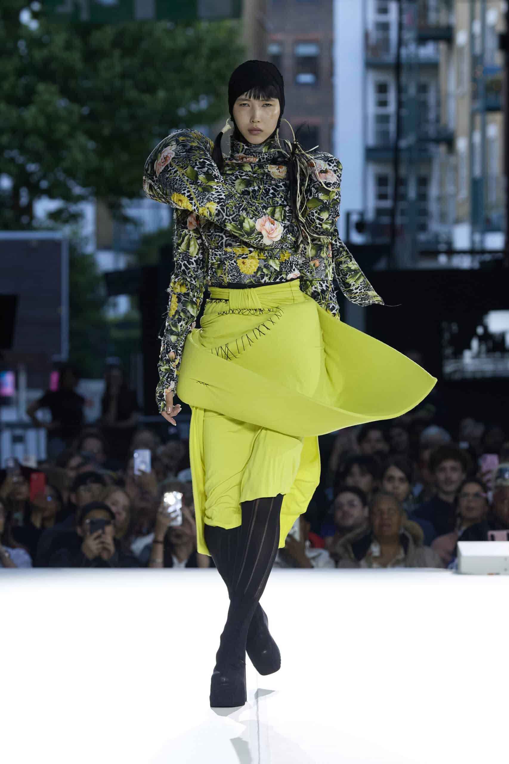 Models present collections by emerging designers during the Fashion District Showcase 2026 in London, United Kingdom. The showcase featured work by Barbara Hornok