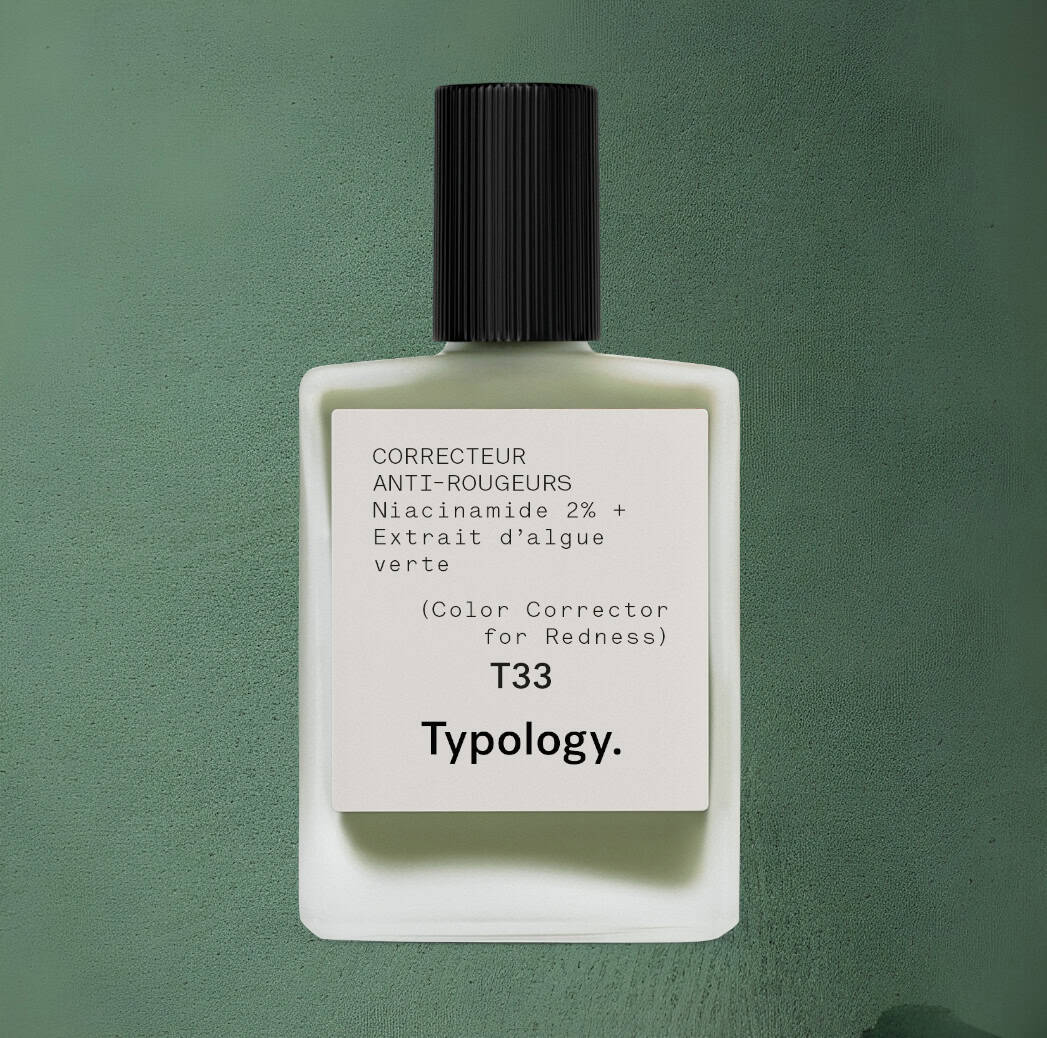 Typology’s green color corrector – tone-neutral skincare for summer redness and balance.