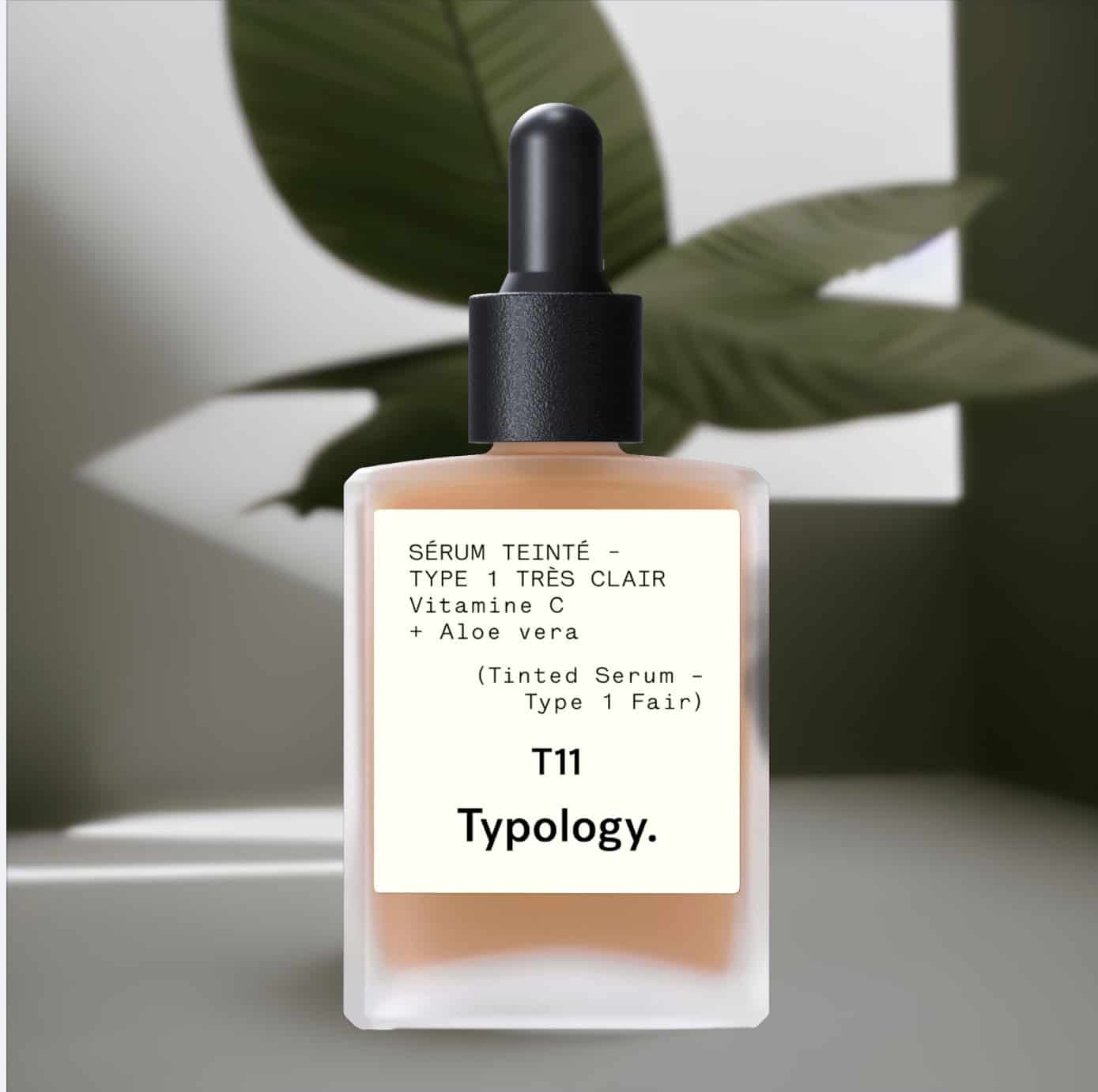 Typology tinted serum with Vitamin C and aloe l for a natural glow.
