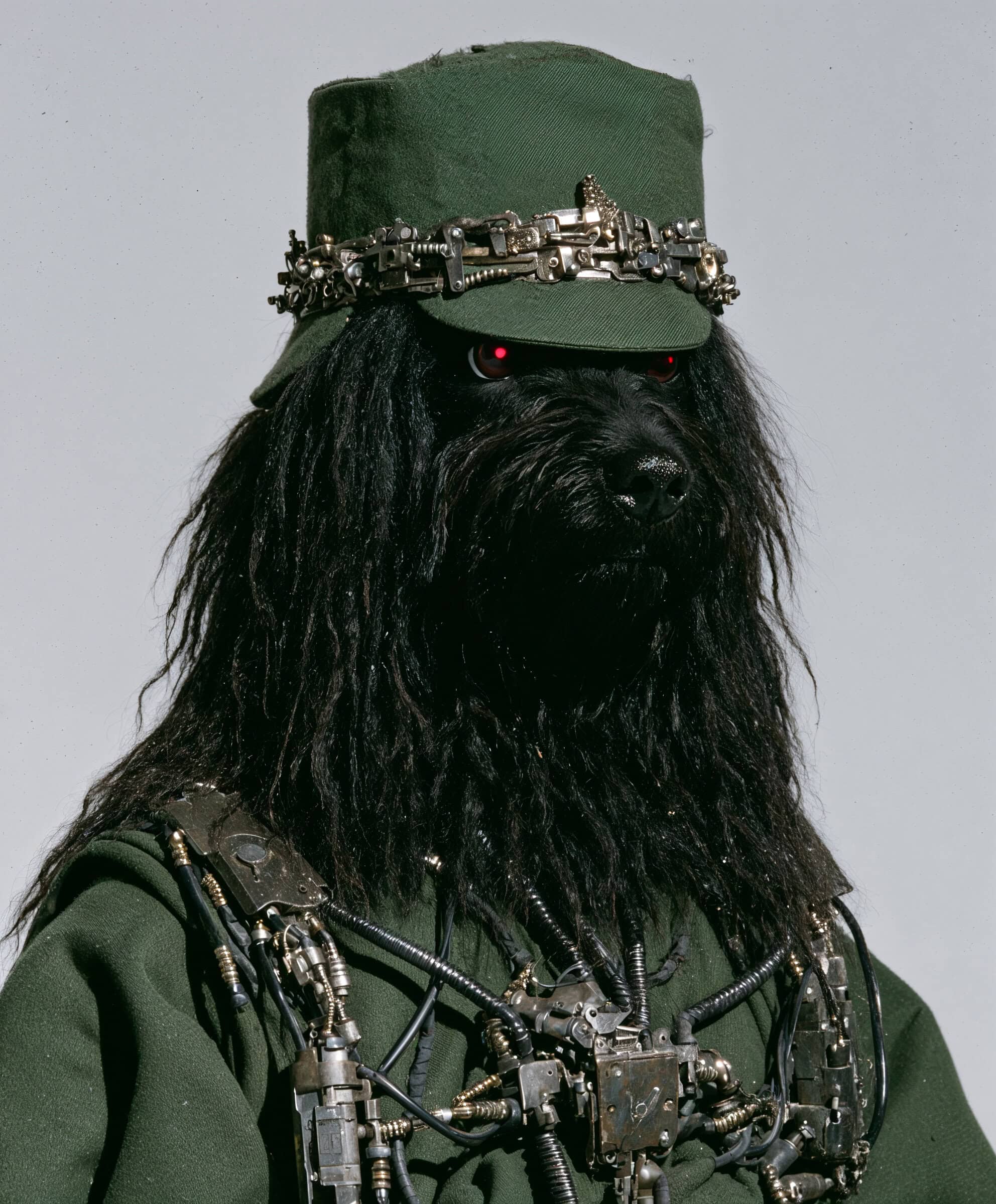 Portrait of a humanoid dog wearing a military green uniform and mechanical harness, created by Goo Vision.