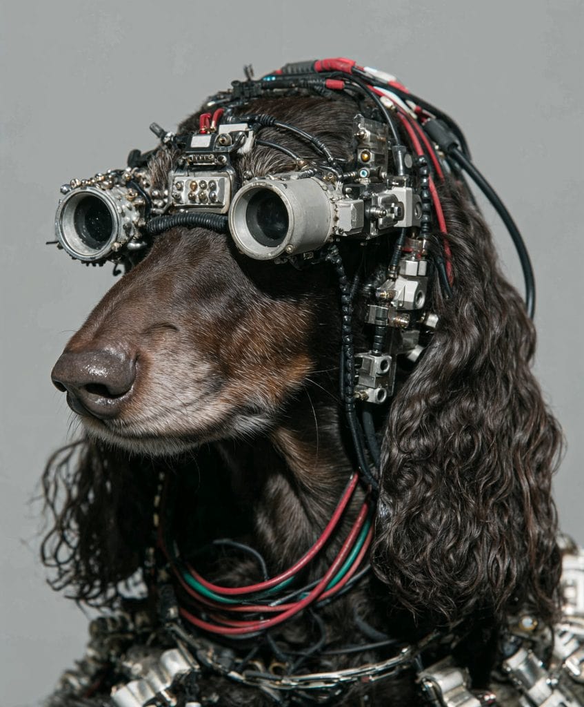 AI-generated image of a white poodle with cybernetic implants and a jewel-encrusted collar
