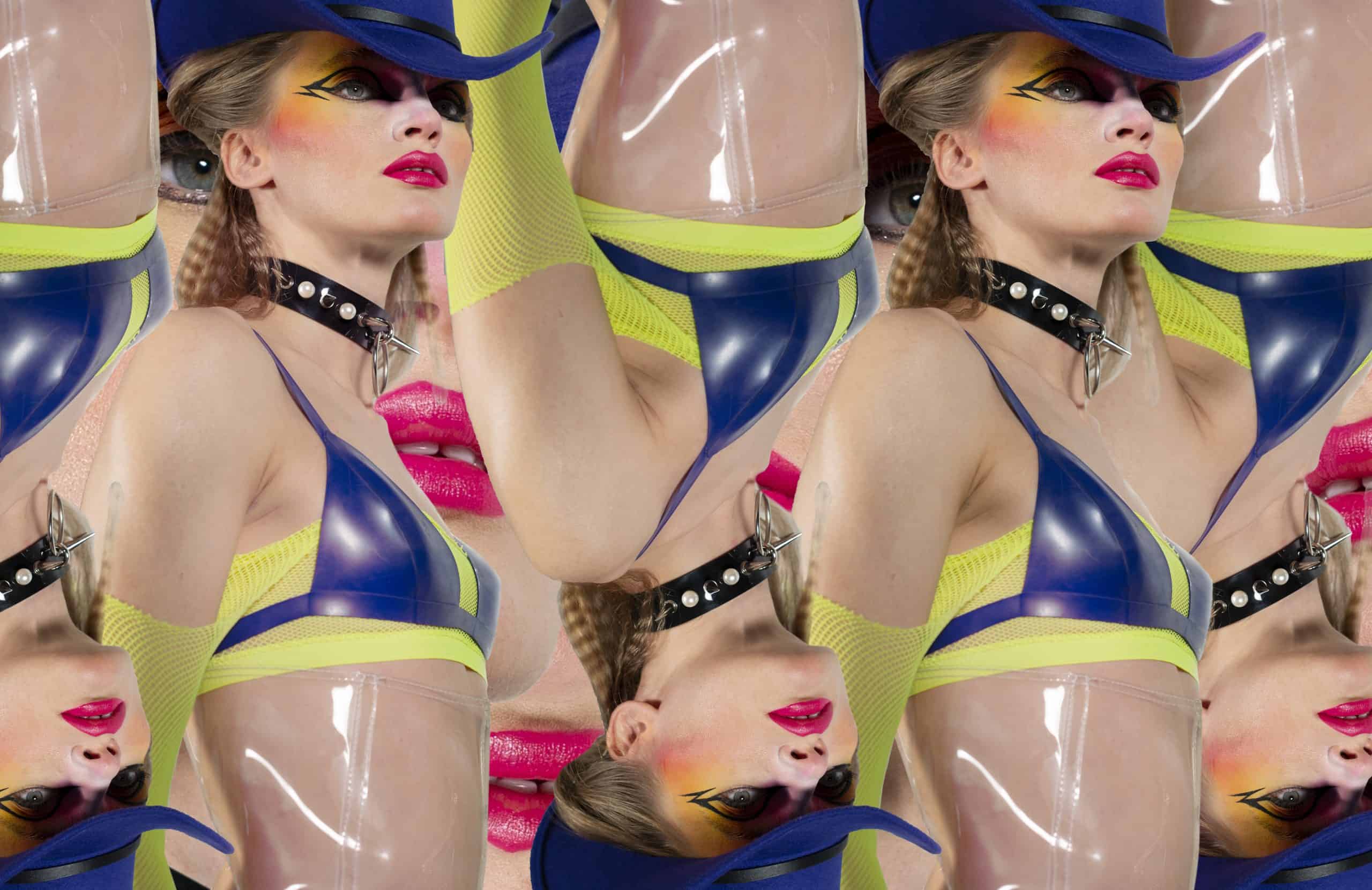 Graphic composition with a woman and with a Necklace WeirdBrain Creation, Arm Float Exposed Paris, Belt ASOS.
