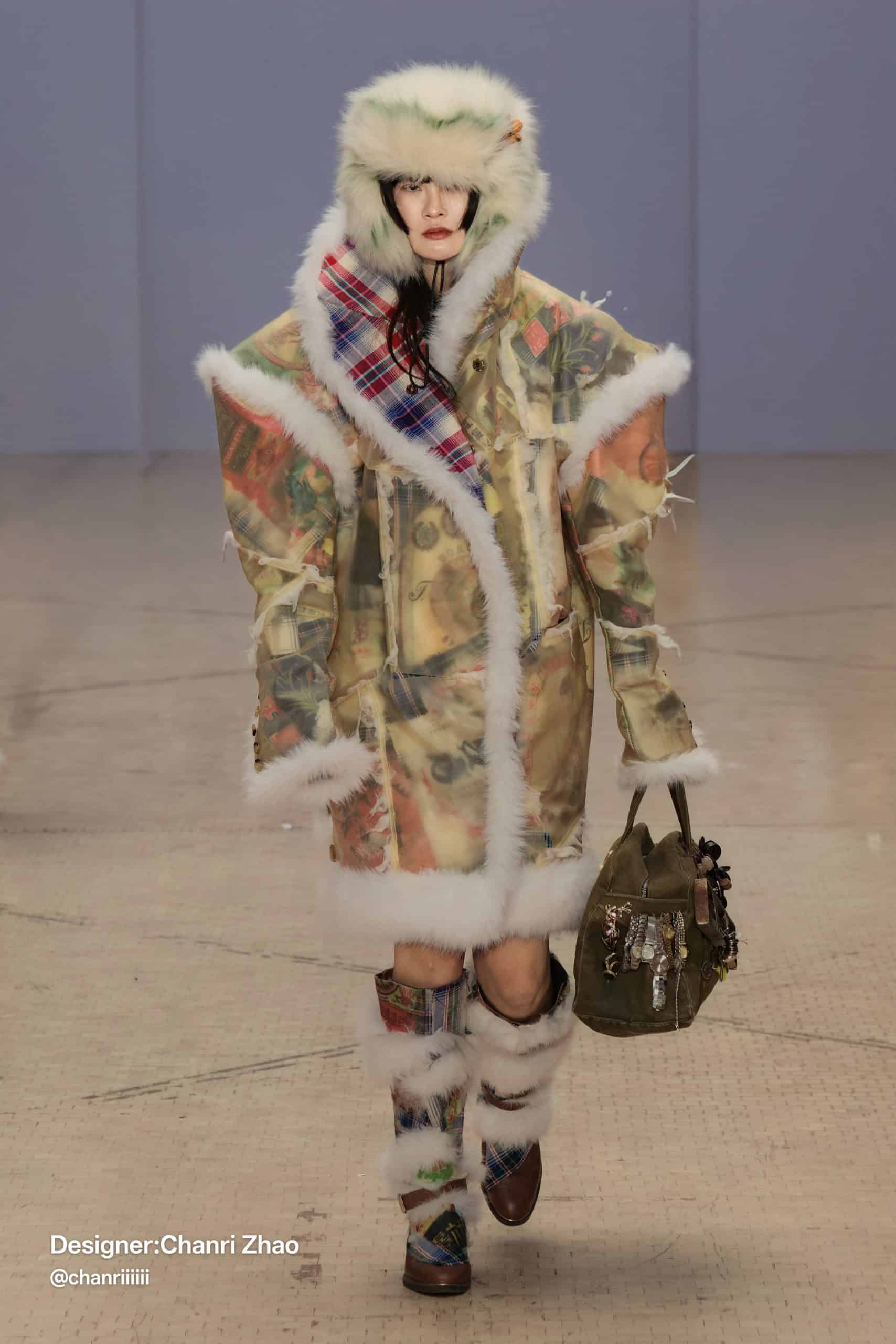 Model wears a translucent shearling-lined coat with layered prints, tartan details, and matching fur boots—designed by Chanri Zhao at Central Saint Martins.