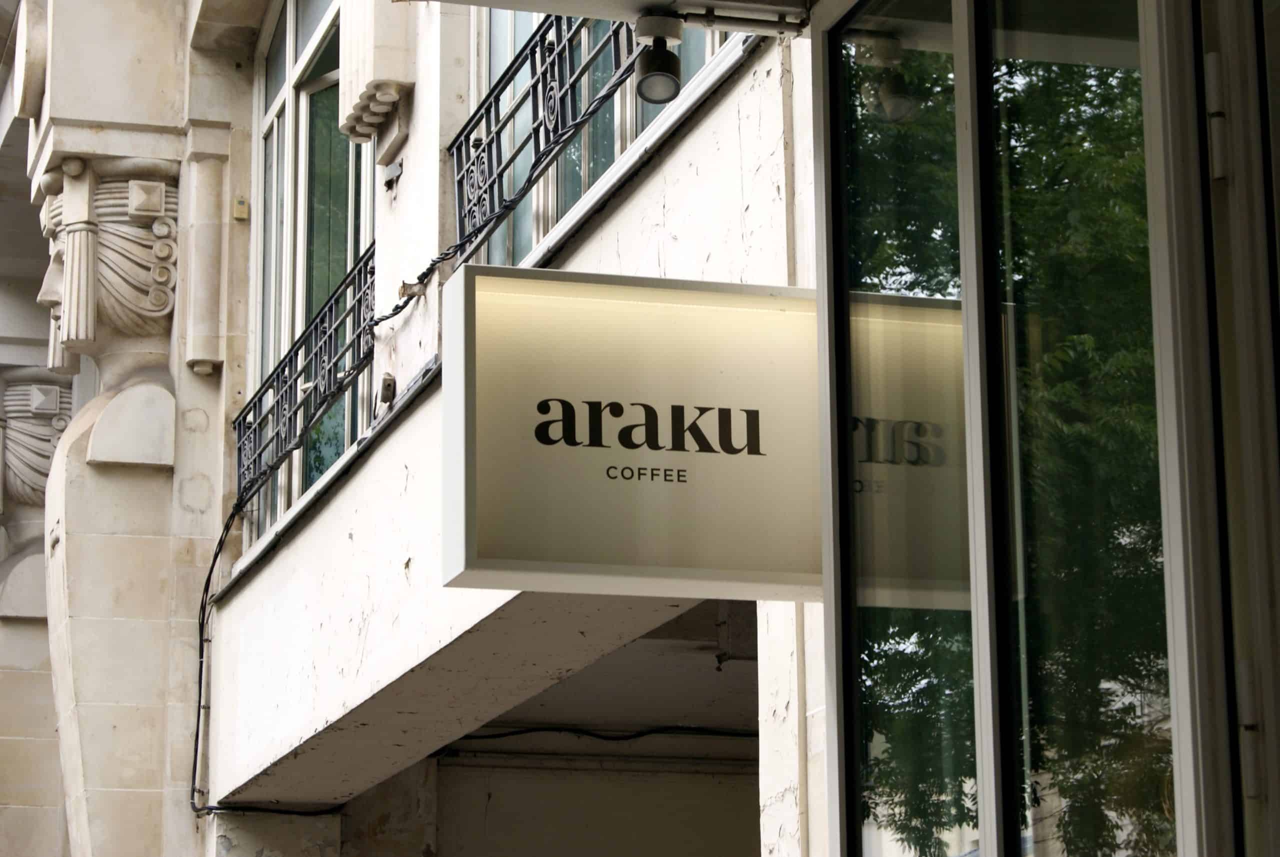 Araku Coffee shop sign on Rue de Bretagne in Paris.
