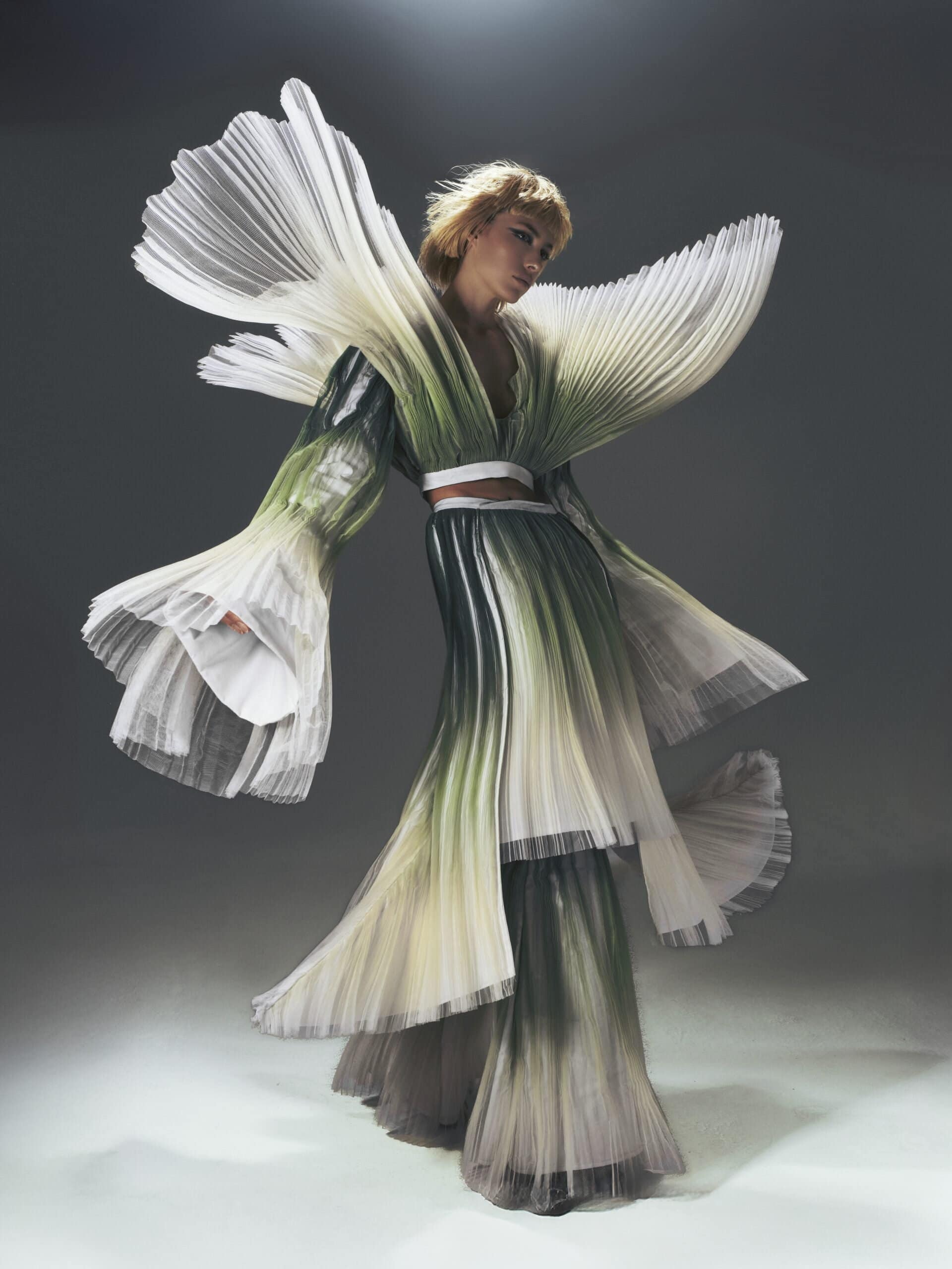 Model Gio Dardi dressed in Top and Skirt by WitHemera @withemera_ at The Confessional Showroom @the_confessional_showroom_nyc, Shoes by Sarah Palmer @sarahpalmer_italy