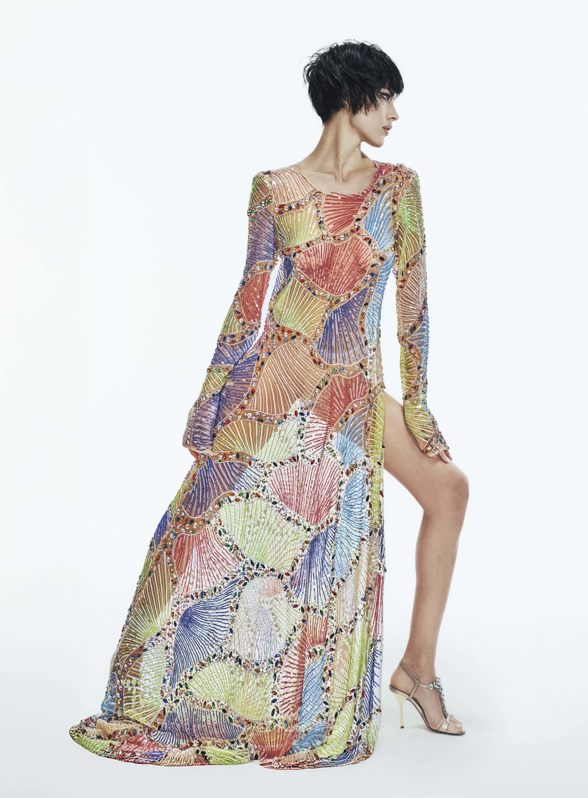 Model Gio Dardi in beaded dress