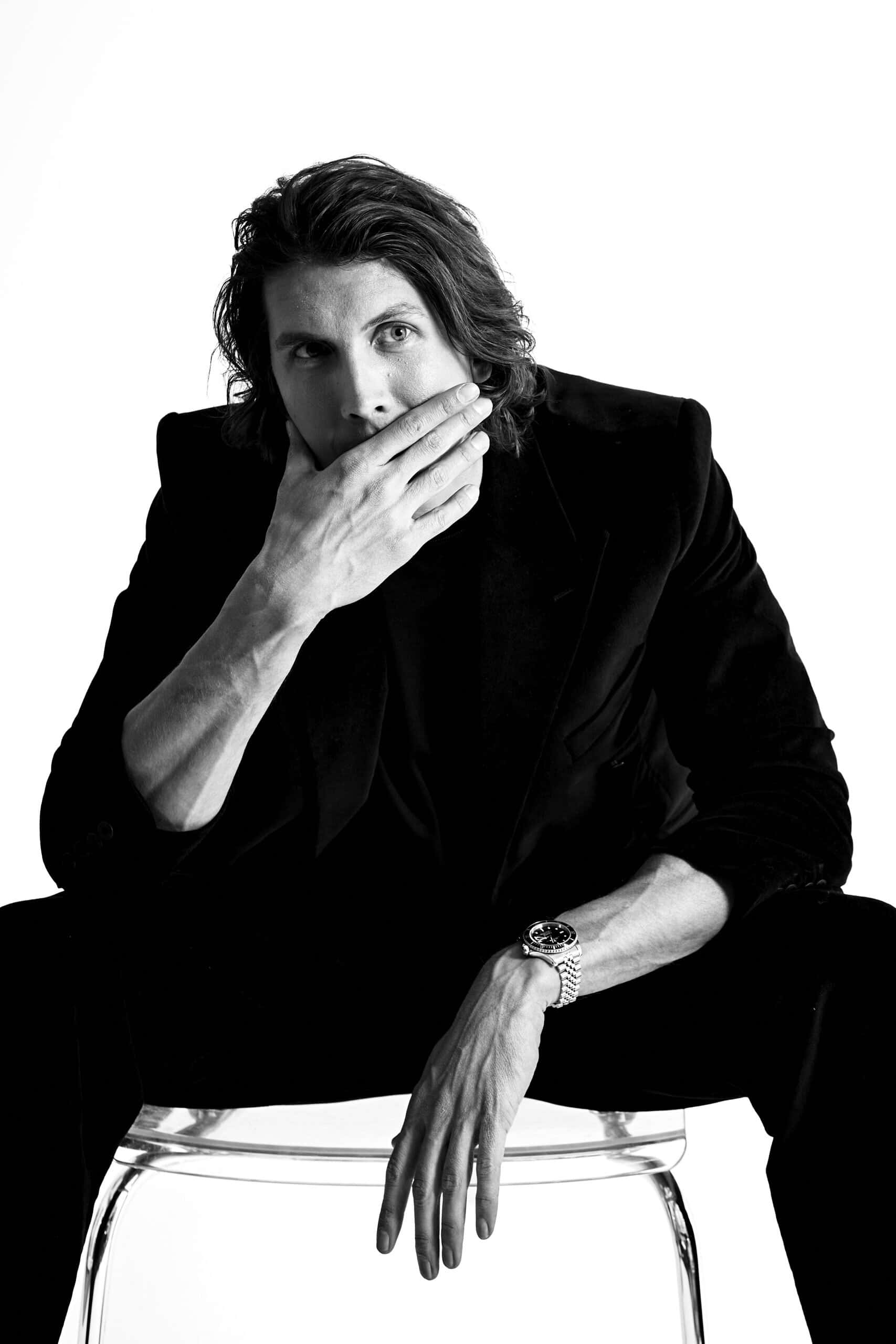 Black and White portrait or Andrew Boszardt PHOTOGRAPHER:  Van Strahl @vanstrahl6, CREATIVE DIRECTOR: @thecannonmediagroup, DIRECTOR: Clay Dealy  @claydealy, HAIR AND MAKEUP: @defozk Defne Özkan HMU, PRODUCTION: Winnie Noan @winnie. All clothing courtesy of Pence @pence1979 at @ShowroomSeven.