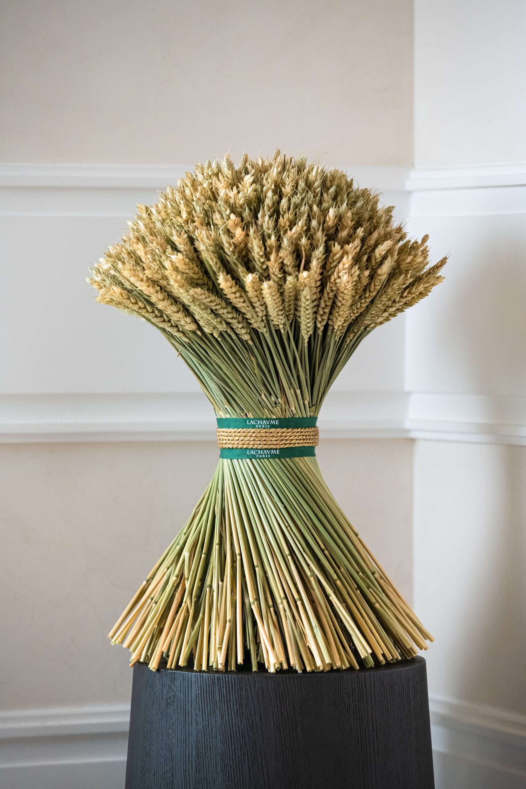 Elegant sheaf of wheat meticulously arranged and tied with green and gold ribbon, placed on a dark pedestal against a classic white wall.