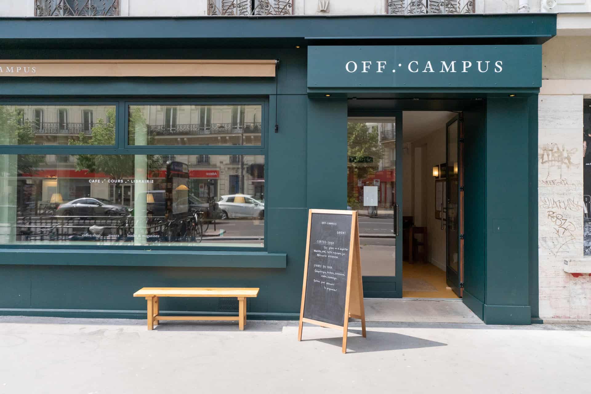 Exterior view of café-bookstore-classroom in Paris.