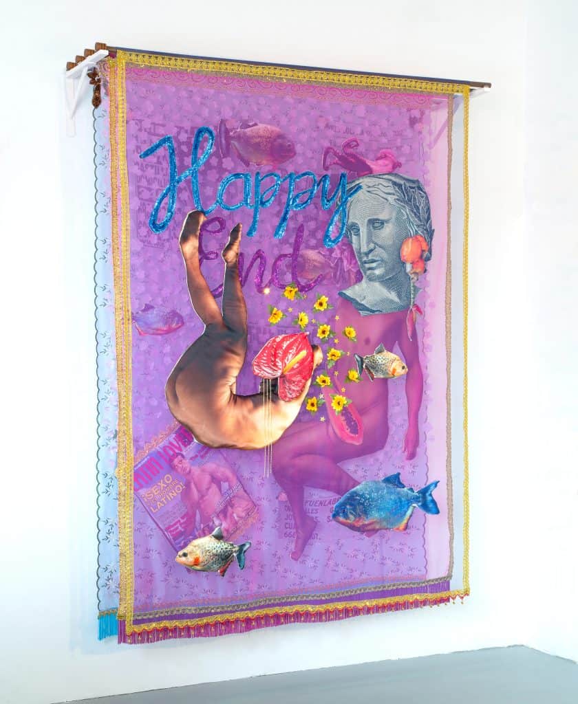 Vibrant artwork with photographs of fruit and floral elements layered in pink textile and lace. ENTRE TRÓPICOS
