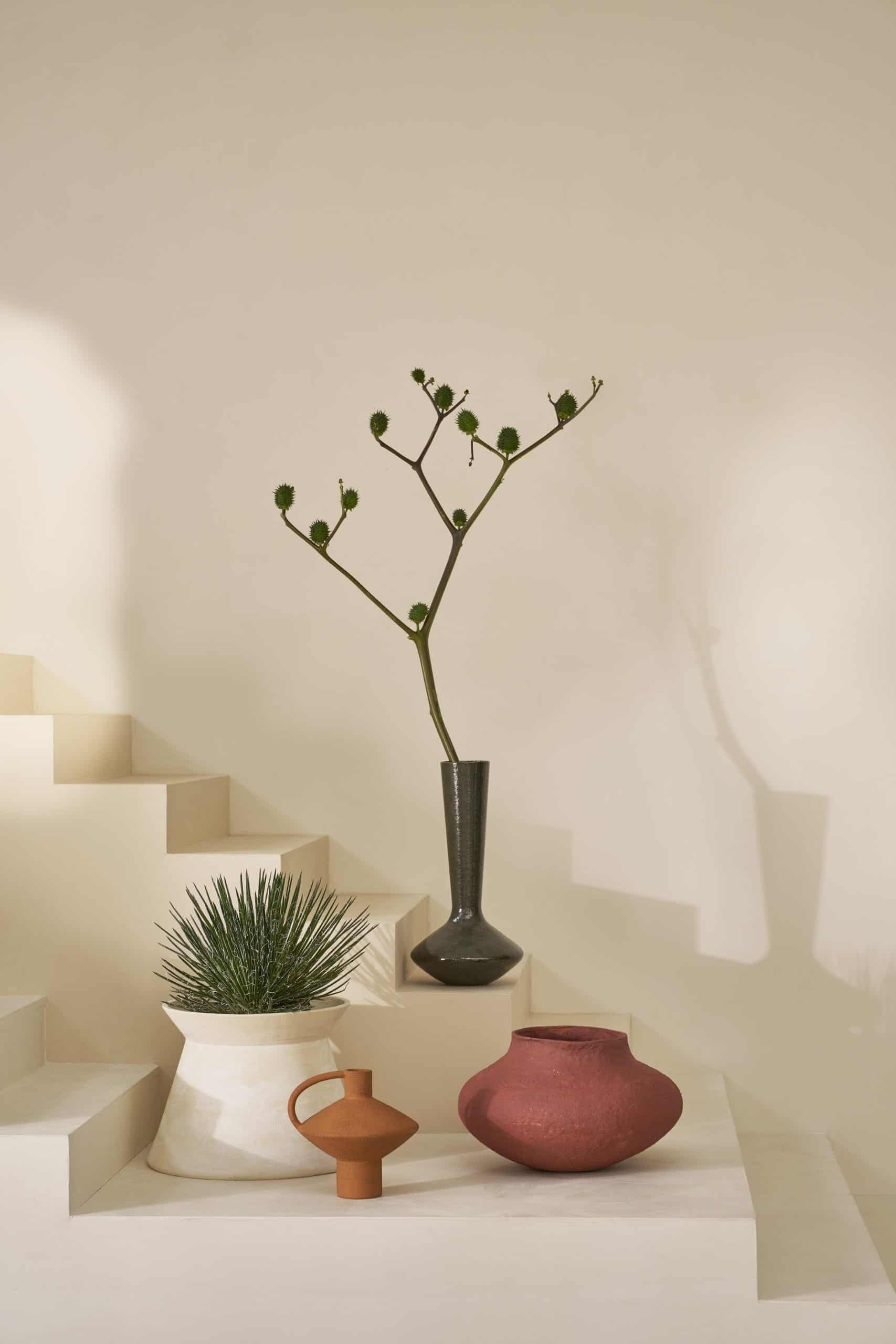 Urban Nature Culture’s “Paprika” terracotta vase, displayed in a minimalist setting alongside neutral-toned ceramics and a sculptural branch.