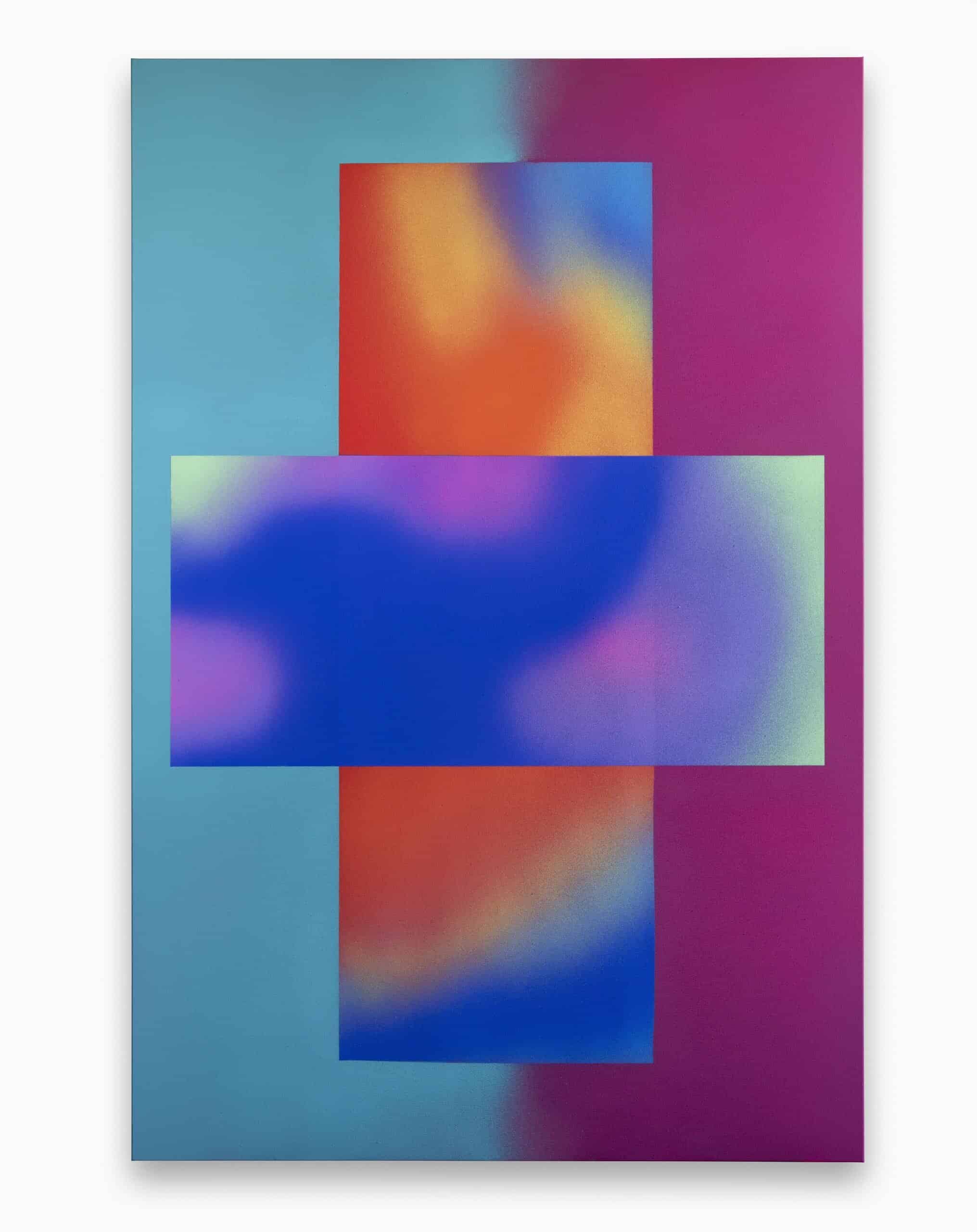 Abstract painting with layered rectangles in vibrant blues, reds, and oranges on canvas by Valentina Canseco.