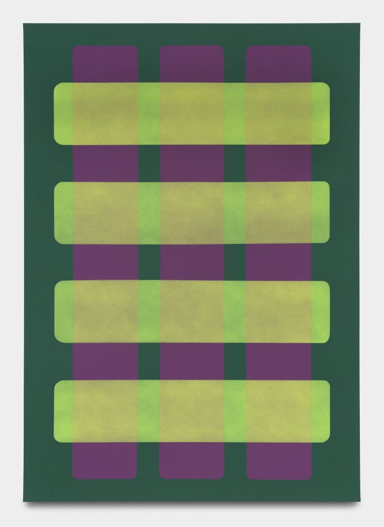 Abstract geometric painting with layered green and purple forms in a grid pattern.