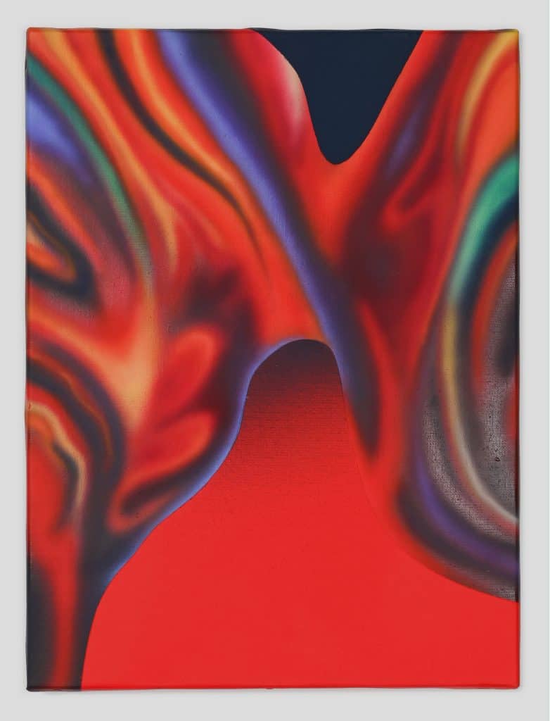 Small-scale abstract painting in swirling reds and blacks, evoking molten textures.