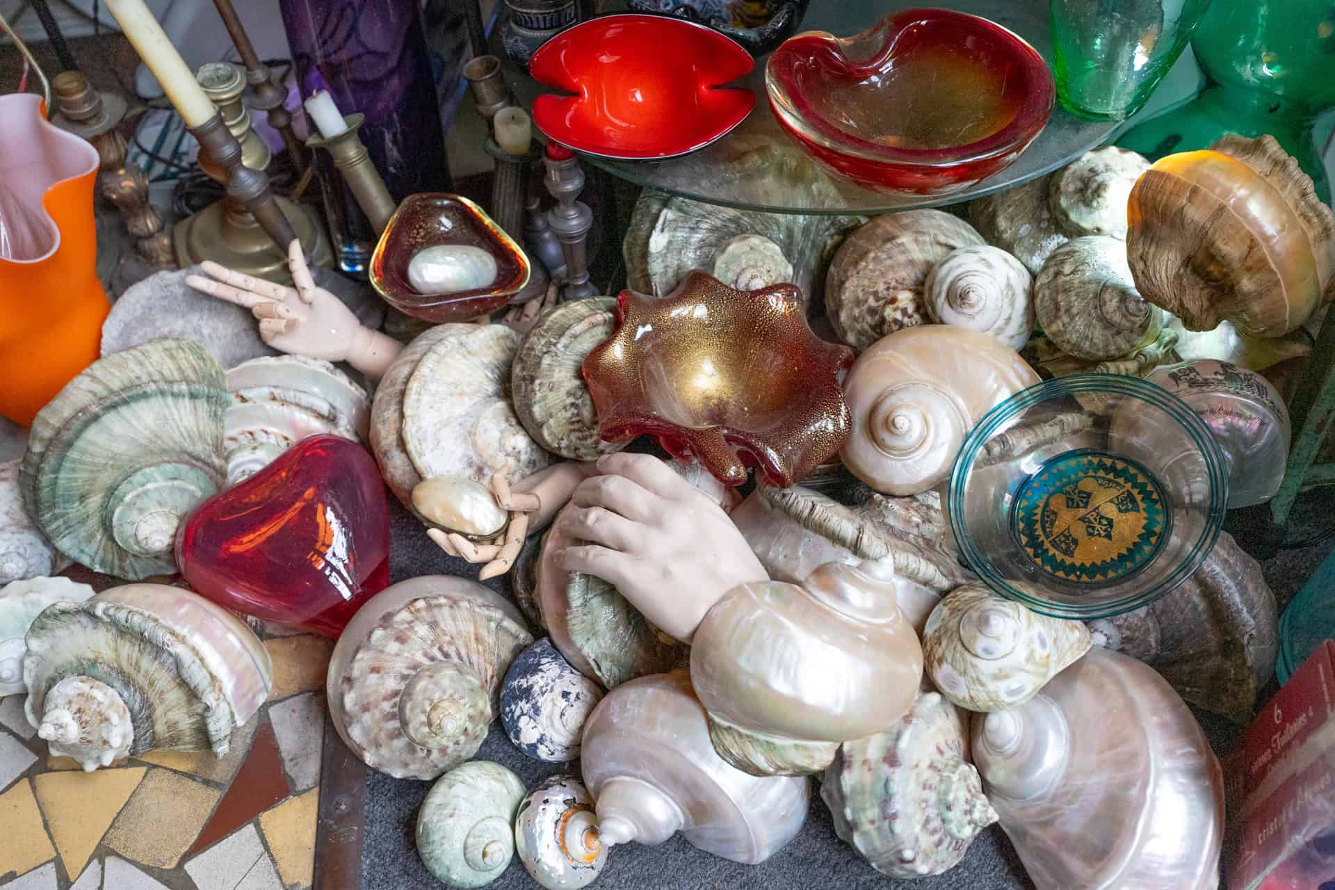 Aerial view of antique glassware inside Verreglass.