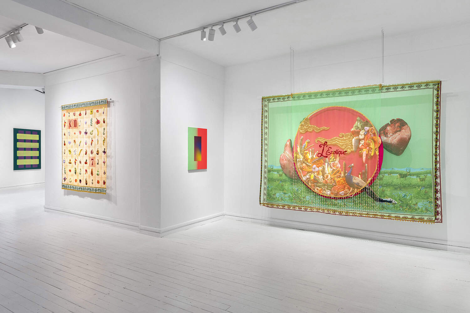 View of the exhibition Entre Trópicos, with works by Valentina Canseco and Shinji Nagabe displayed in a luminous white space.