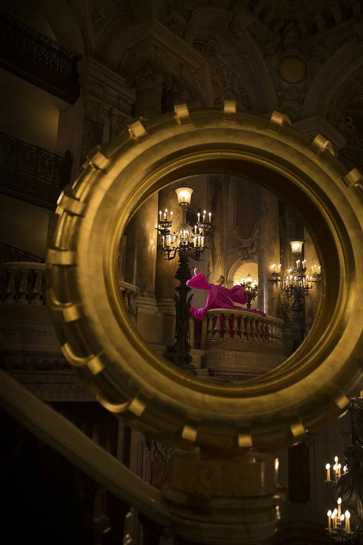 Eleonora Abbagnato in « SHOCKING » Coat in shocking pink silk moiré. Pants in shocking pink silk duchess satin. Schiaparelli July 2018 Haute Couture collection. Photographed at the Opera de Paris by French Cowboy.