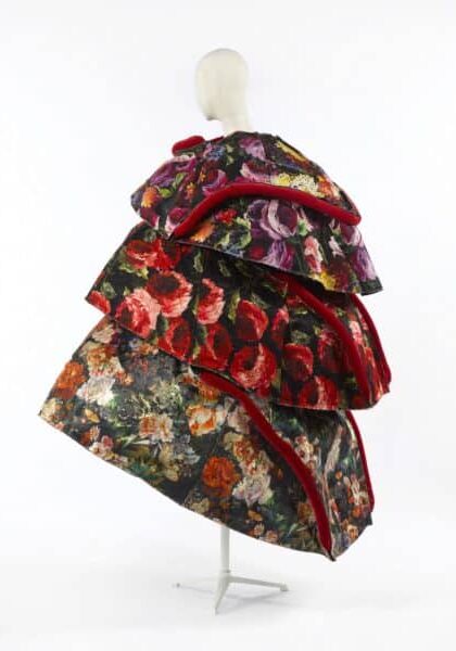 Artistic floral dress from the Tisser, Broder, Sublimer exhibition at Palais Galliera.