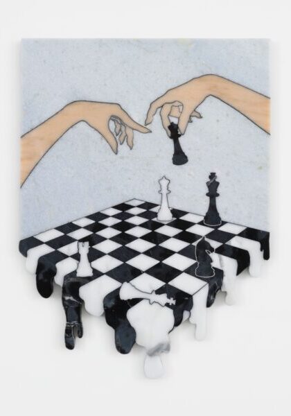 Artistic chess illustration with hands moving a pawn, displayed at a chess exhibition.