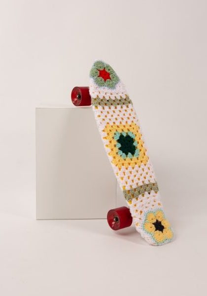 On the free road. 2023. Vintage skateboard+Cotton+Acrylic. Sophie Inard.