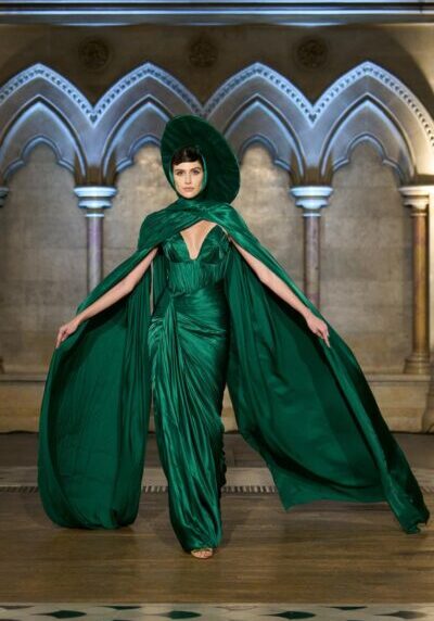 Elegant green couture gown by Lena Erziak at IRK Magazine.
