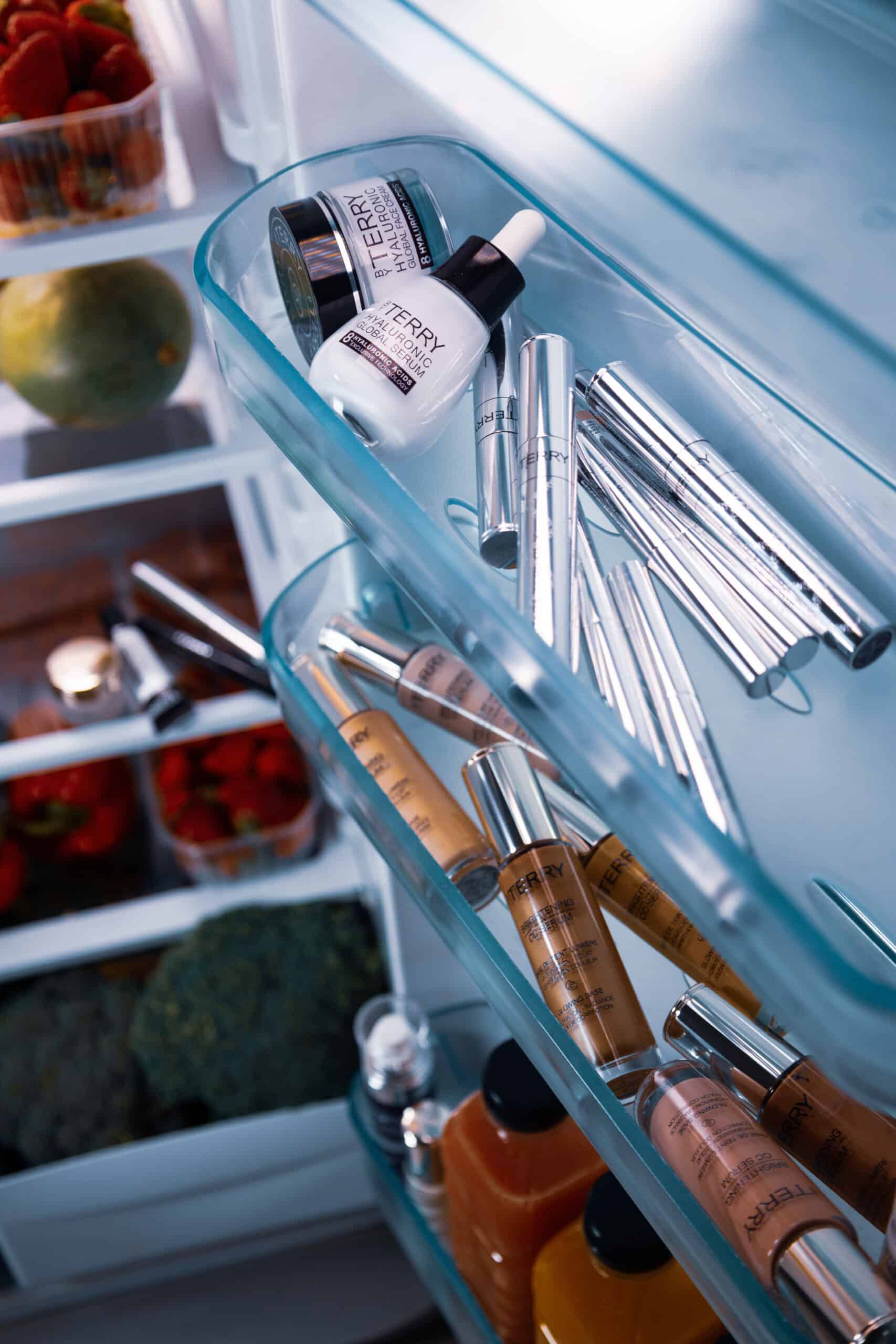 Terry beauty products in a refrigerator