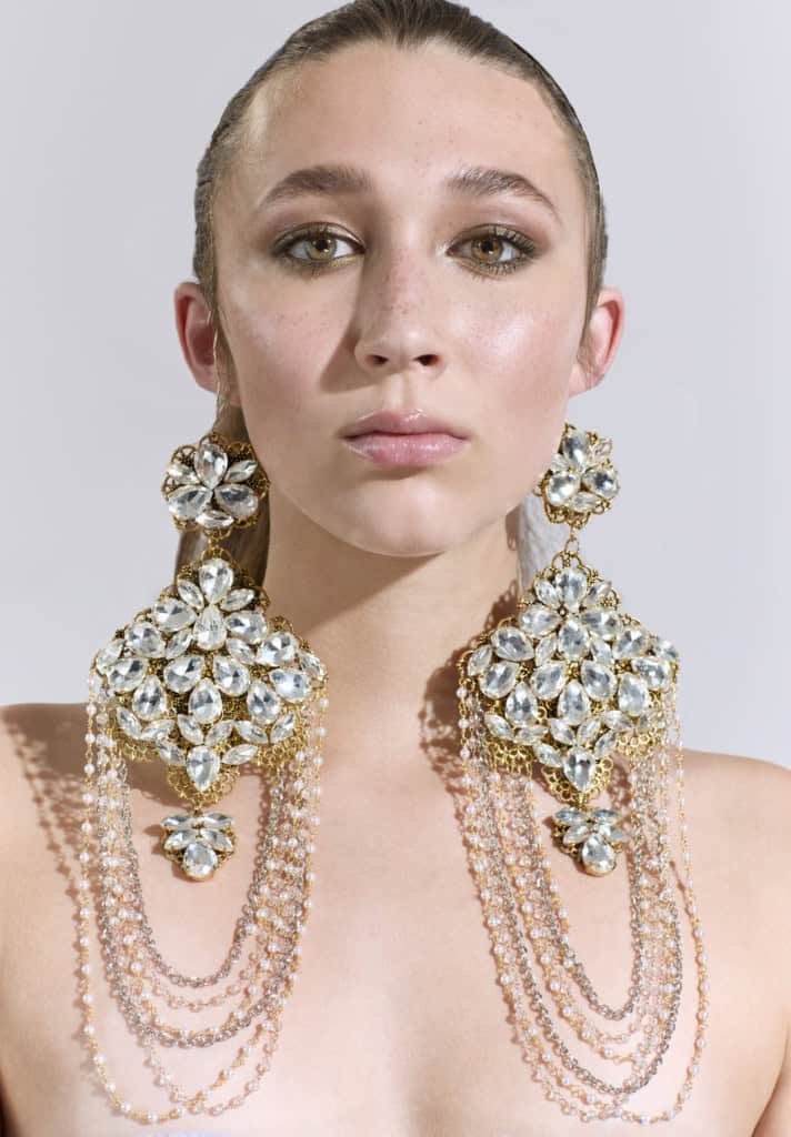 jasmine baker wears Earrings by Nicole Davis at Confessional showroom