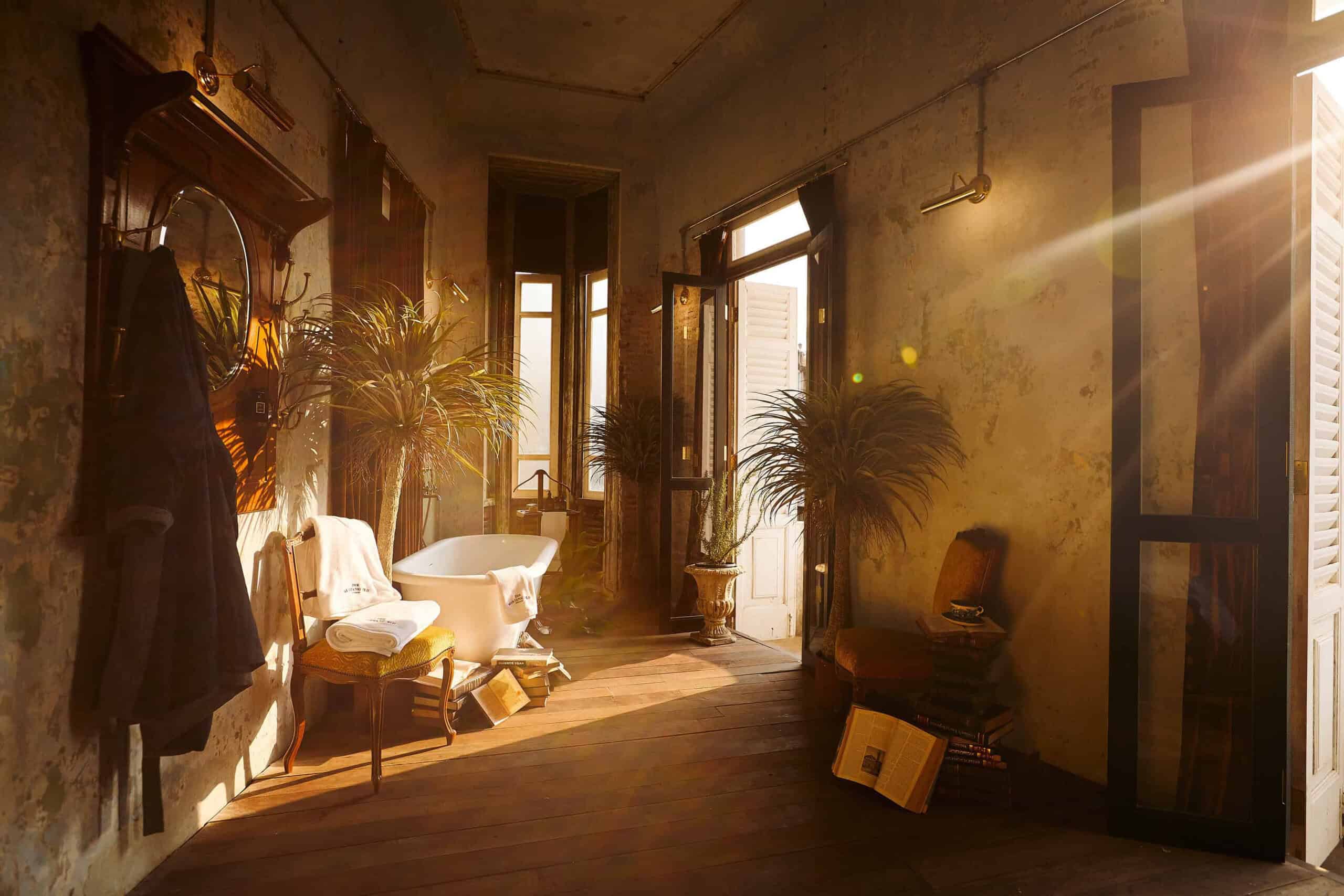 warm natural light color photo hotel bathroom interior