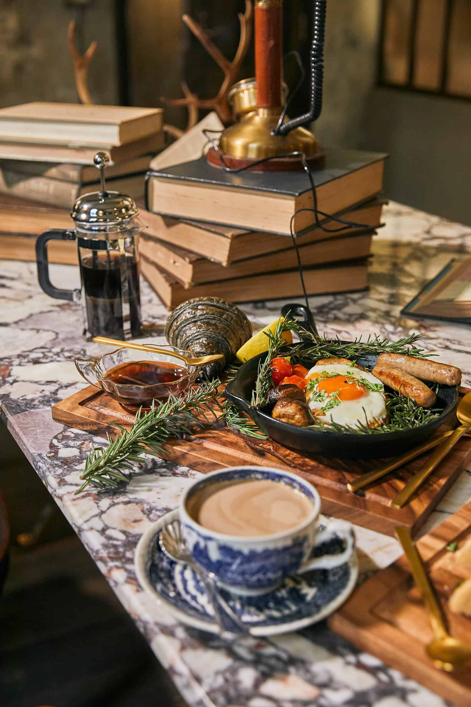 color photo breakfast layout coffee books