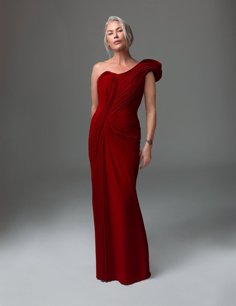 Top Model CARRE OTIS dressed in red evening gown: Gaurav Gupta from The Good Six, earrings Zaraksh from Flying Solo