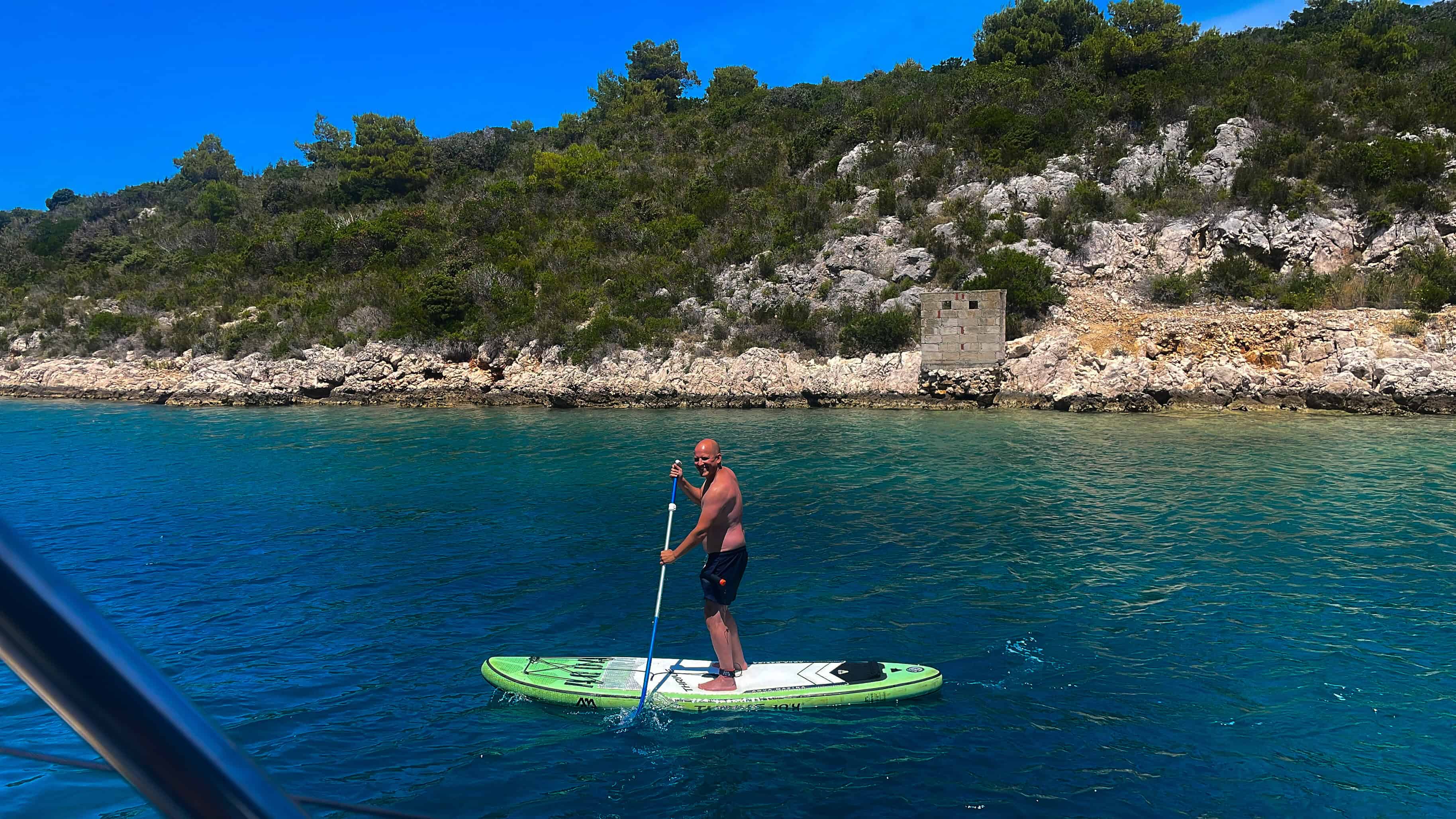 color portrait photograph of man paddleboarding