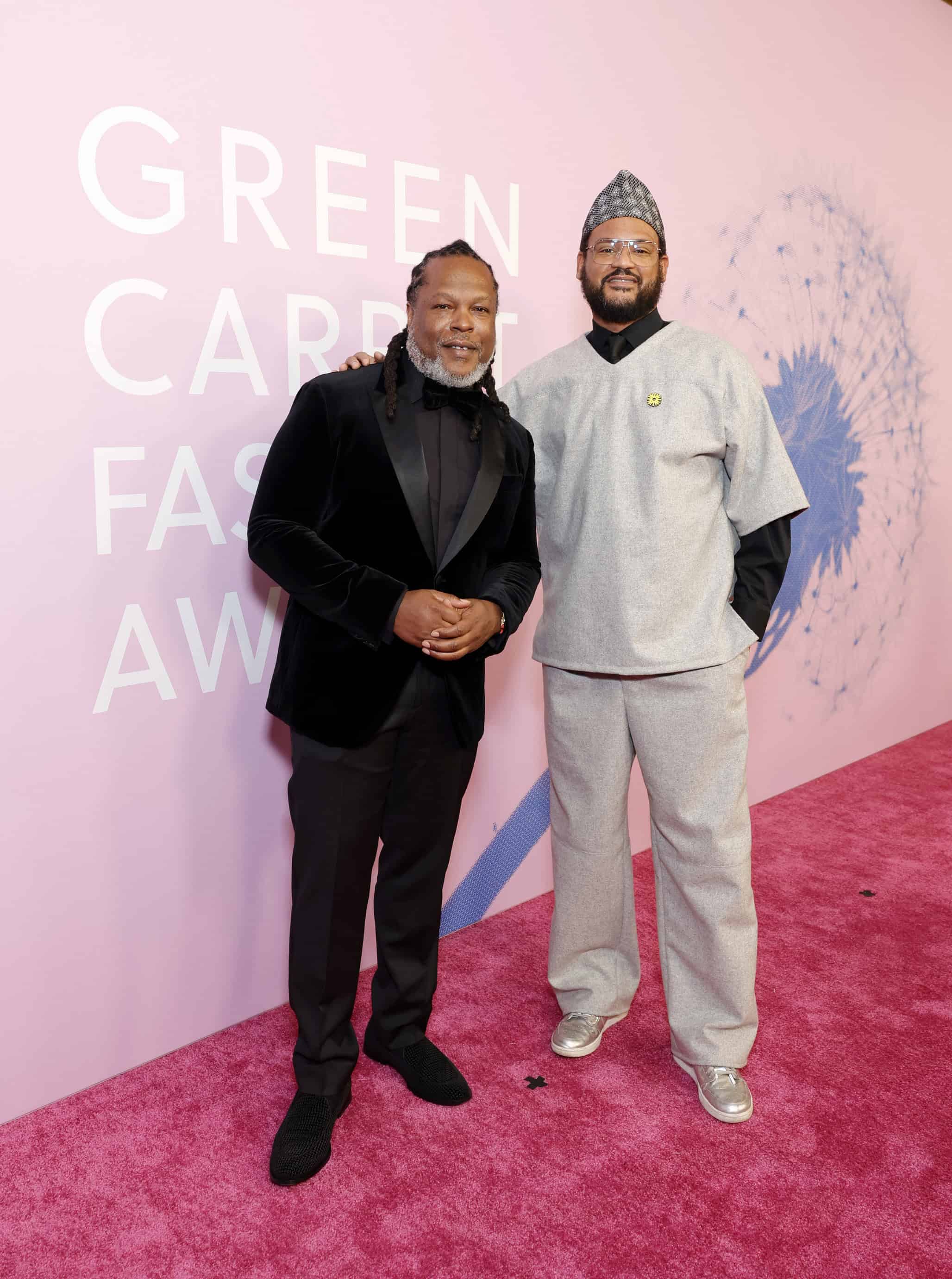 Shaka Senghor and Christopher Bevans on red carpet at Green Carpet Fashion Awards, fashion photography