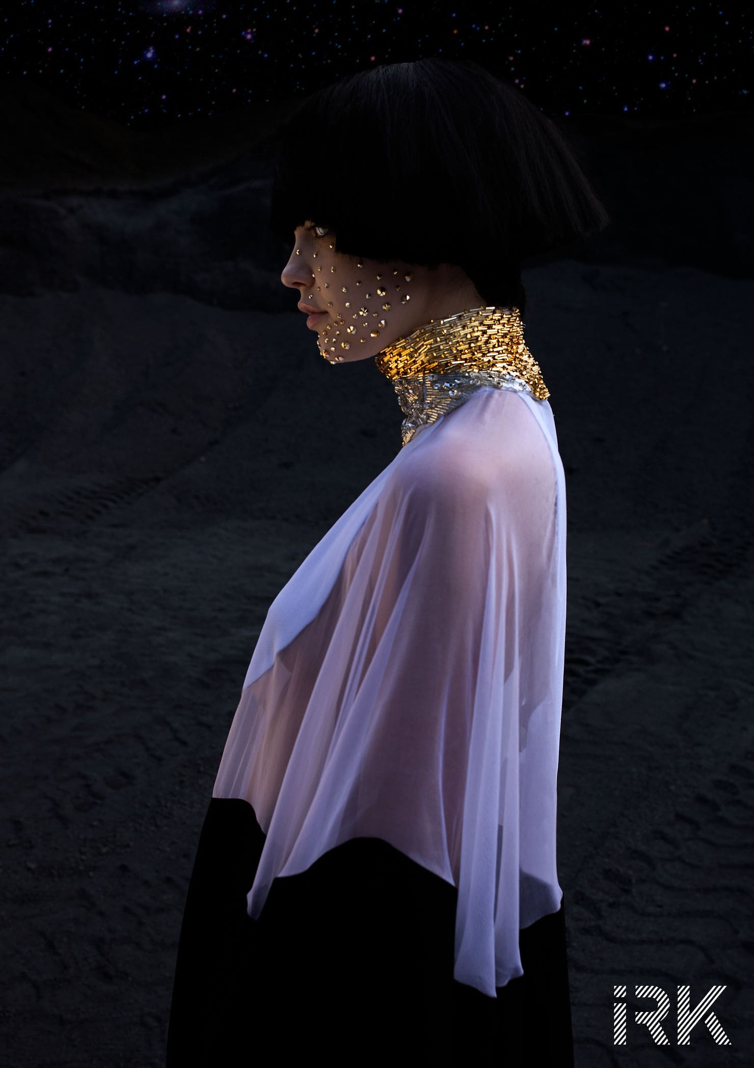 Space Inspired Photo Editorial with Gold stud makeup, Disc-jumpsuit in black and white grainy crepe, cut-out and embroidered with crystals Spring-Summer 2020 Stéphane Rolland.