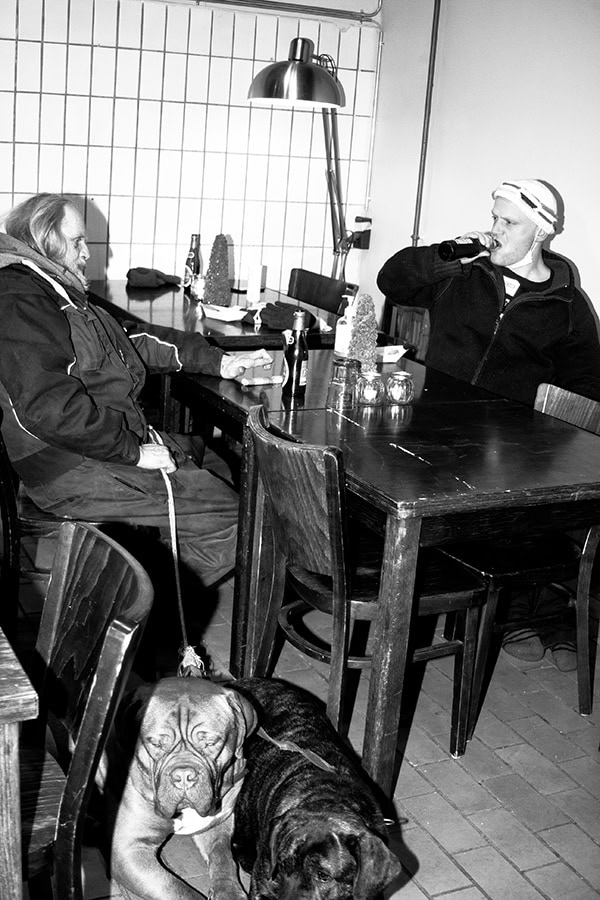 Two men sitting in a cafe with two dogs